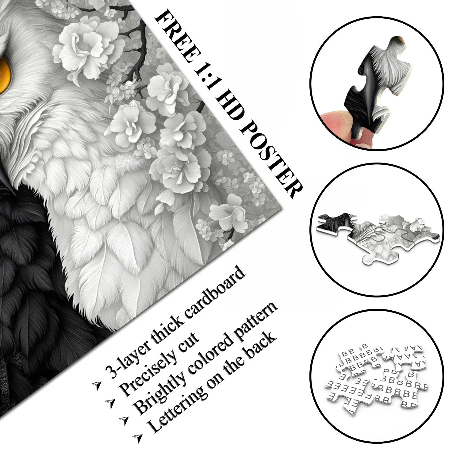 Black and White Owl Wooden Jigsaw Puzzle 1000 Pieces - Image 5
