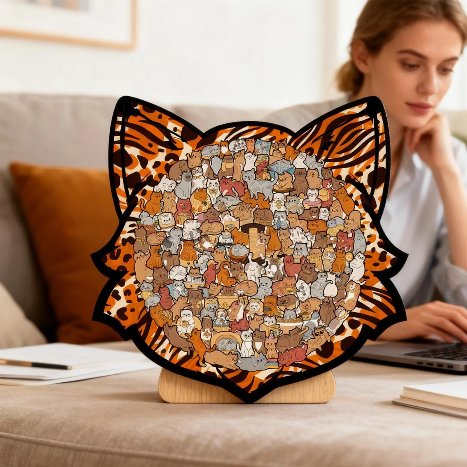 Colorful Cat-Shaped Tray Wooden Jigsaw Puzzle - Image 5
